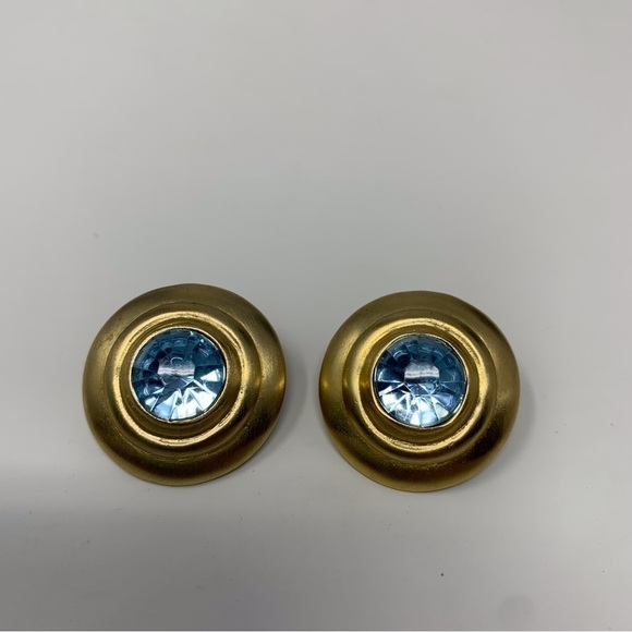 Vintage Light Blue Sparkle Stone with Gold Tone Circle Border Stud Earrings - Picture 3 of 7